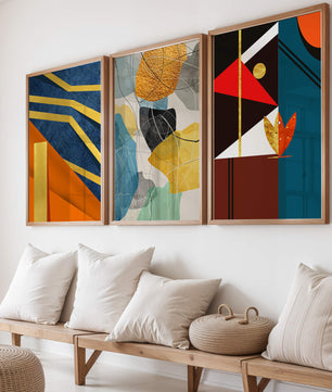 Conjunto De Tres Obras De Arte Geométrico Con Elementos Dorados Y Colores Vivos