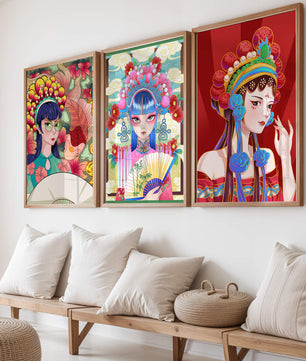Bunte Postermotive im asiatischen Stil für modernes Interieur