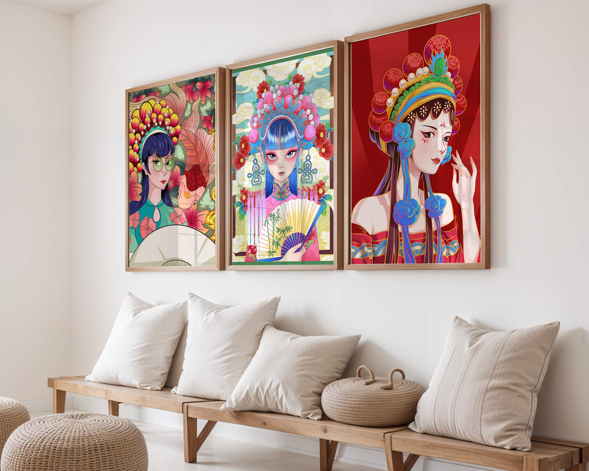 Bunte Postermotive im asiatischen Stil für modernes Interieur