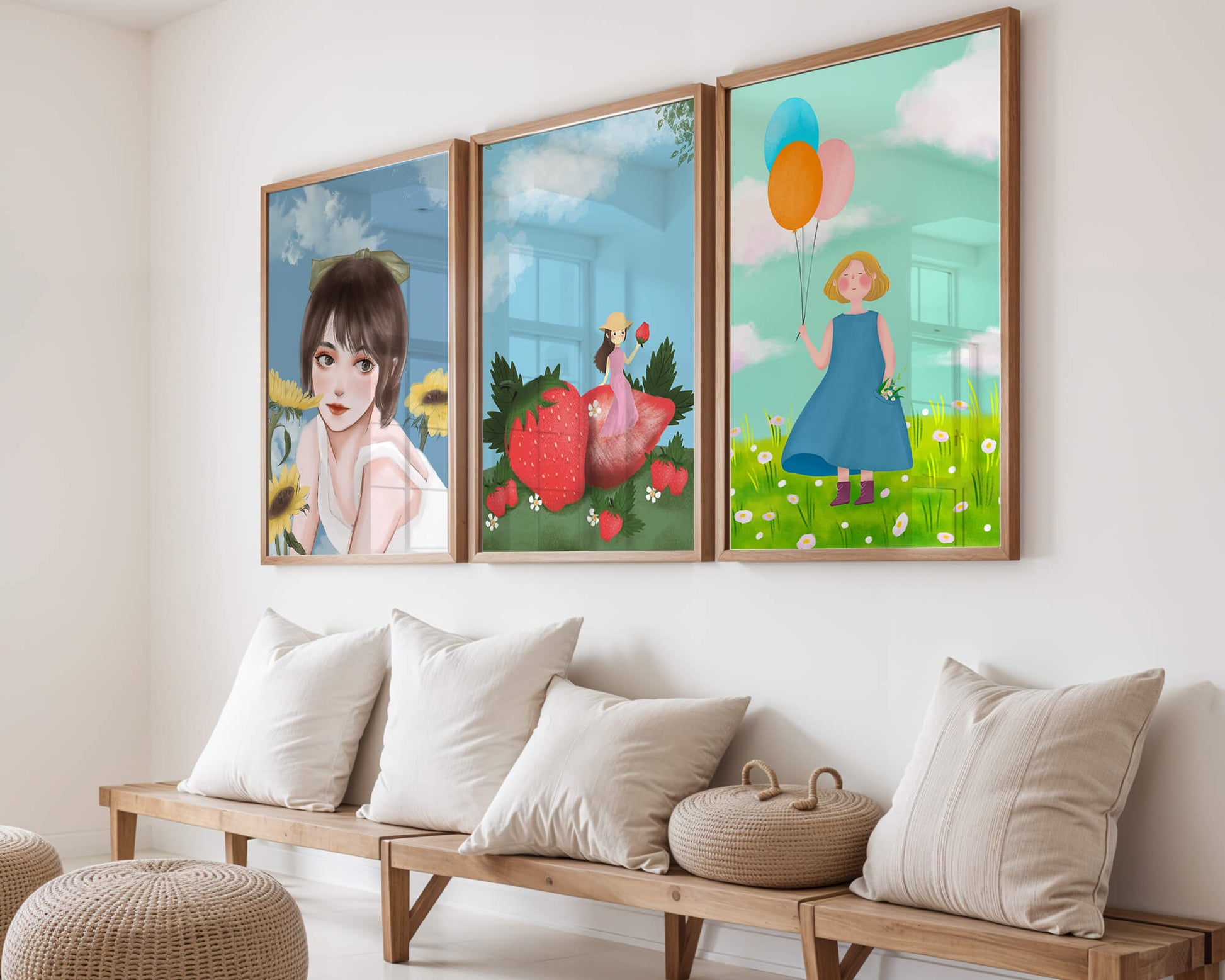 Tríptico de Ilustraciones en Marcos de Madera