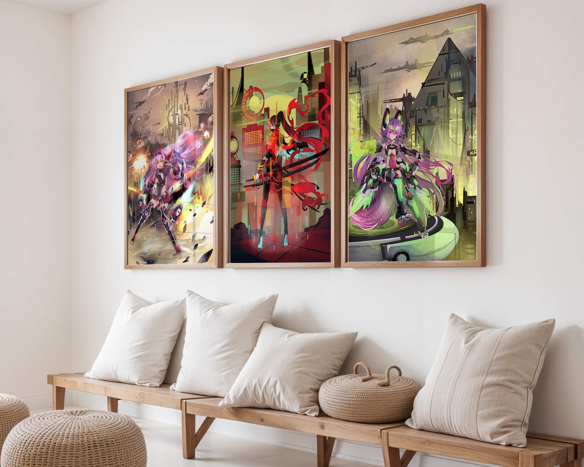 Conjunto De Tres Imágenes Futuristas De Personajes Anime En Una Habitación Moderna