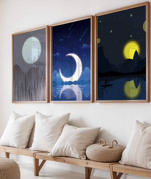 Paysages nocturnes avec lune et étoiles dans des cadres