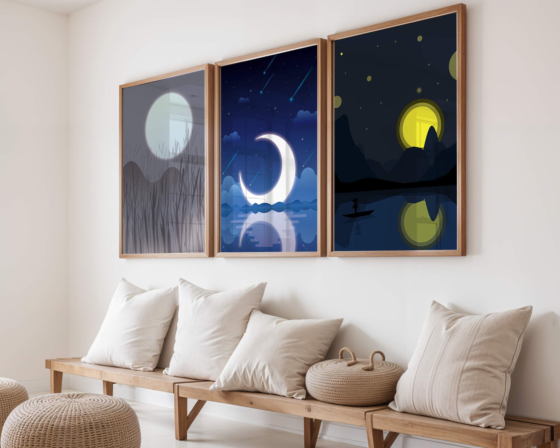 Paysages nocturnes avec lune et étoiles dans des cadres