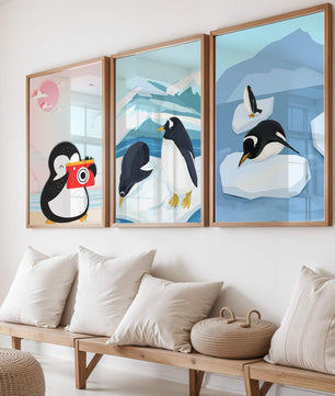 Affiche de pingouins sur plancher en bois