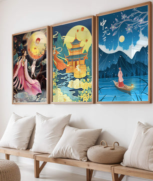 Ensemble d'art oriental avec paysages mystiques et pleine lune