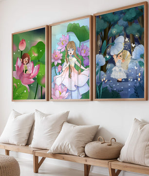 Triptyque enfantin d'art fantastique avec des filles parmi les fleurs
