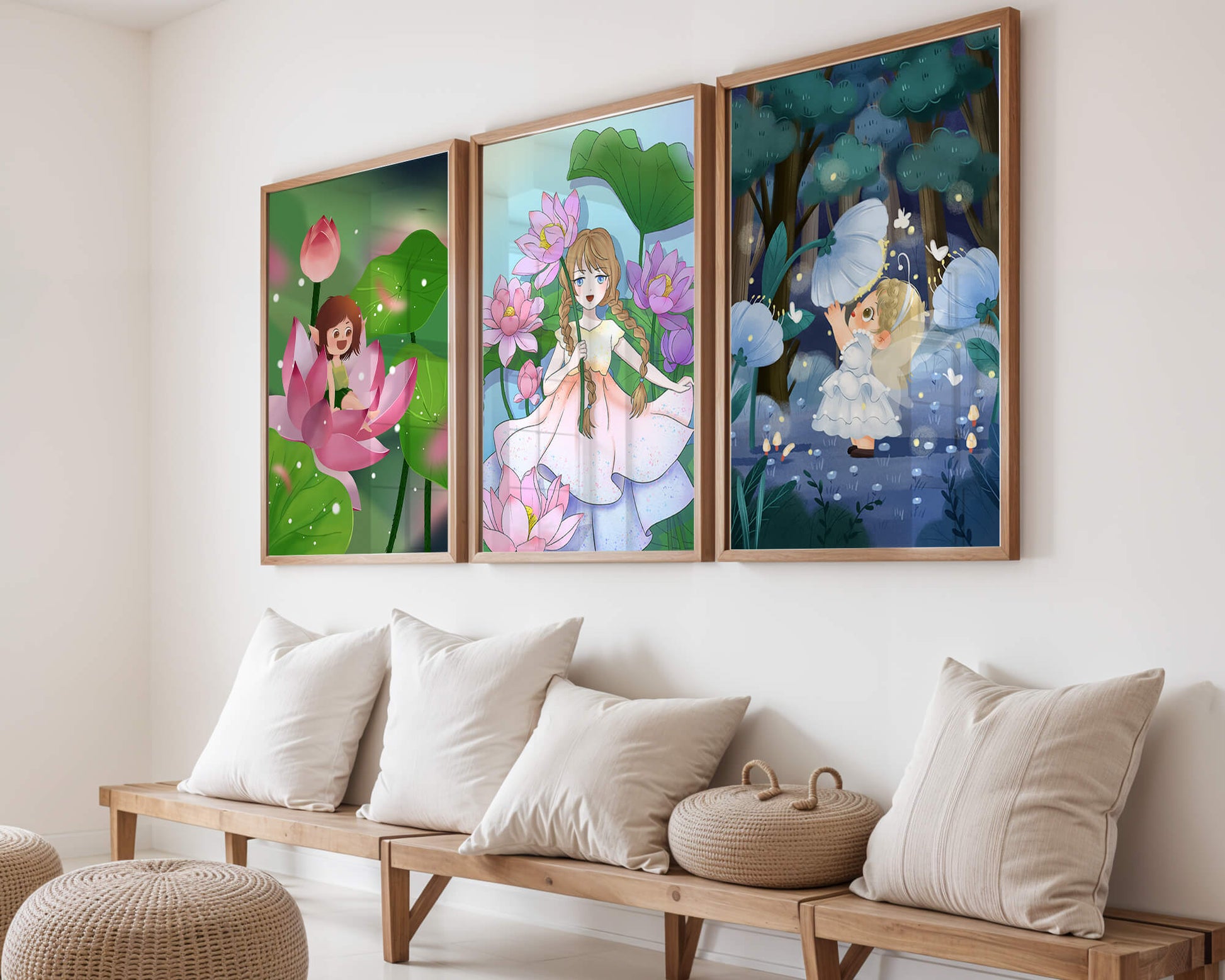 Triptyque enfantin d'art fantastique avec des filles parmi les fleurs