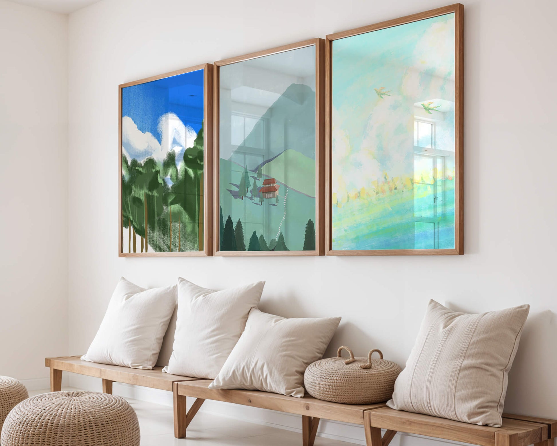 Jeu de trois œuvres d'art de paysage moderne sans cadre