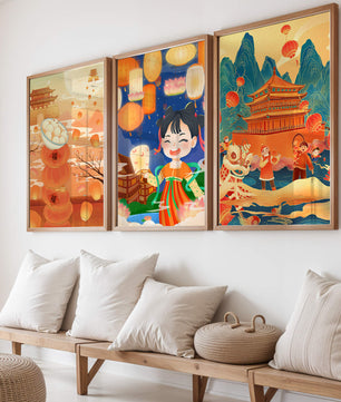 Triptyque d'art asiatique sur le thème des lanternes et de la culture traditionnelle