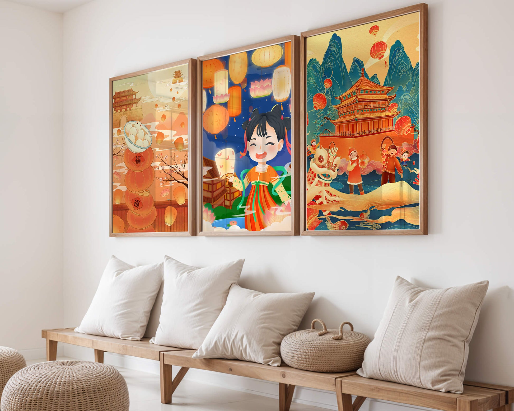 Triptyque d'art asiatique sur le thème des lanternes et de la culture traditionnelle