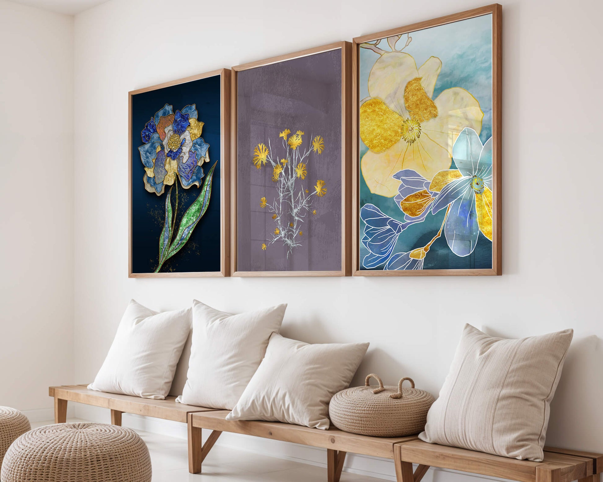 Art floral moderne avec des motifs de fleurs et des éléments dorés