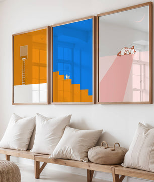 Ensemble de trois tableaux avec des figures géométriques et un chat