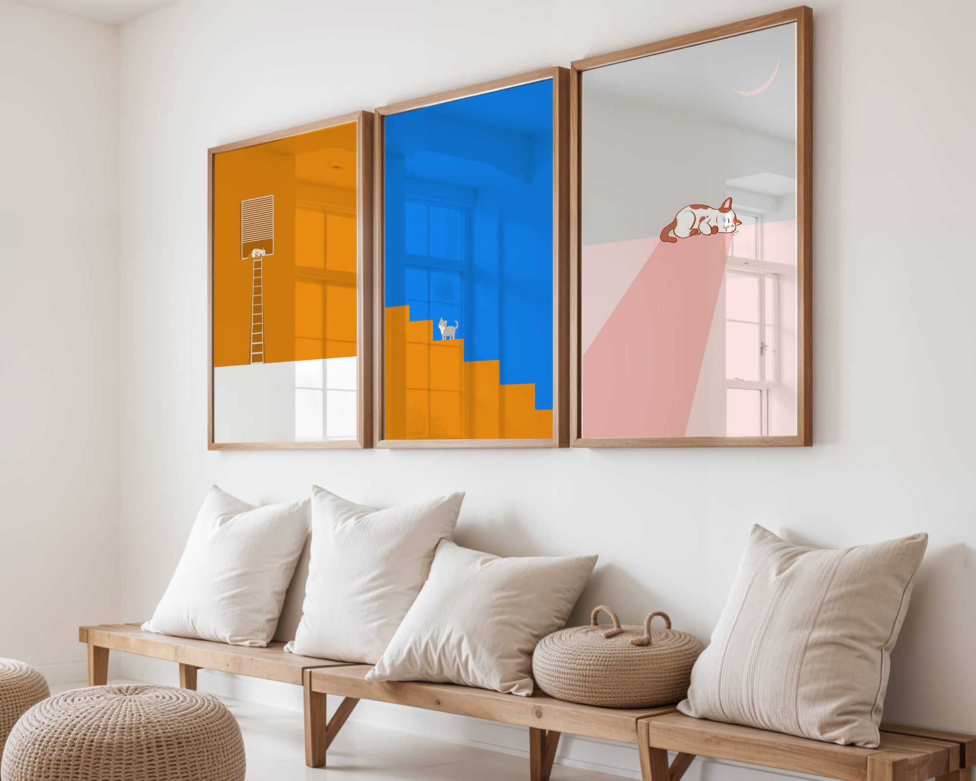 Ensemble de trois tableaux avec des figures géométriques et un chat