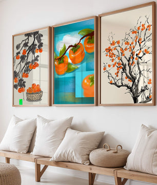 Tableaux avec motifs de kakis dans des tons orange et bleu