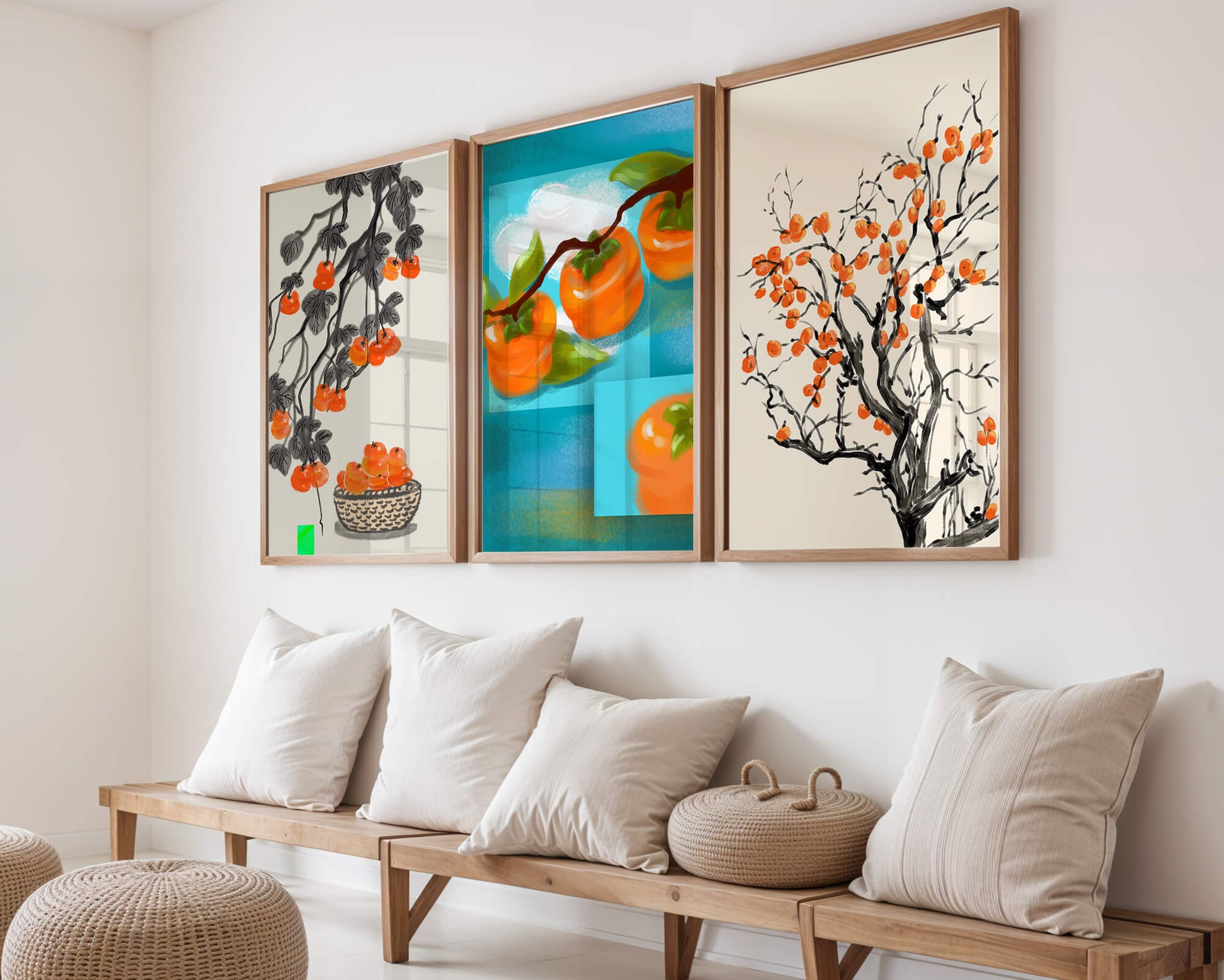 Cuadros Con Motivos De Caquis En Tonos Naranjas Y Azules