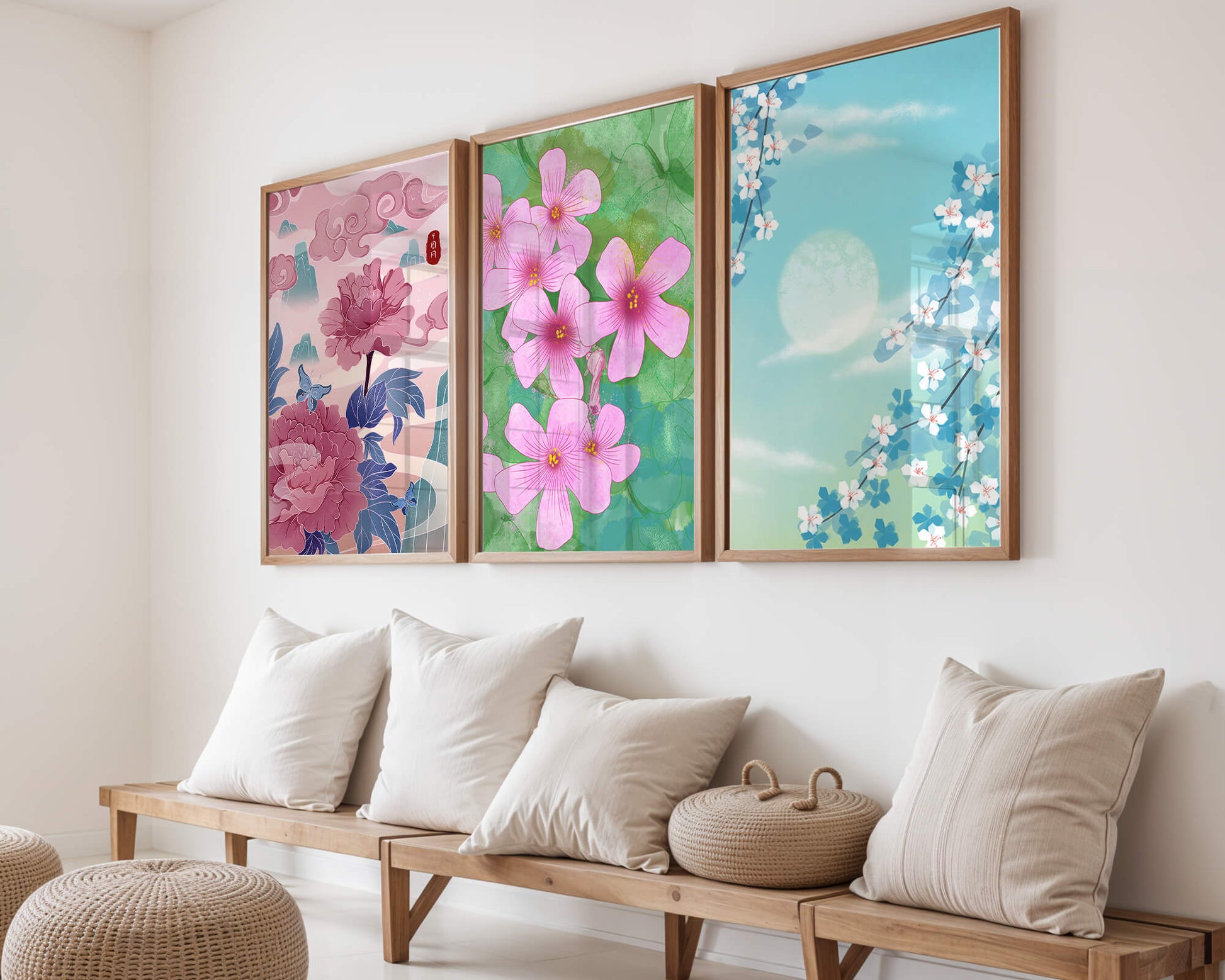Buntes florales Triptychon mit Naturinspirationen