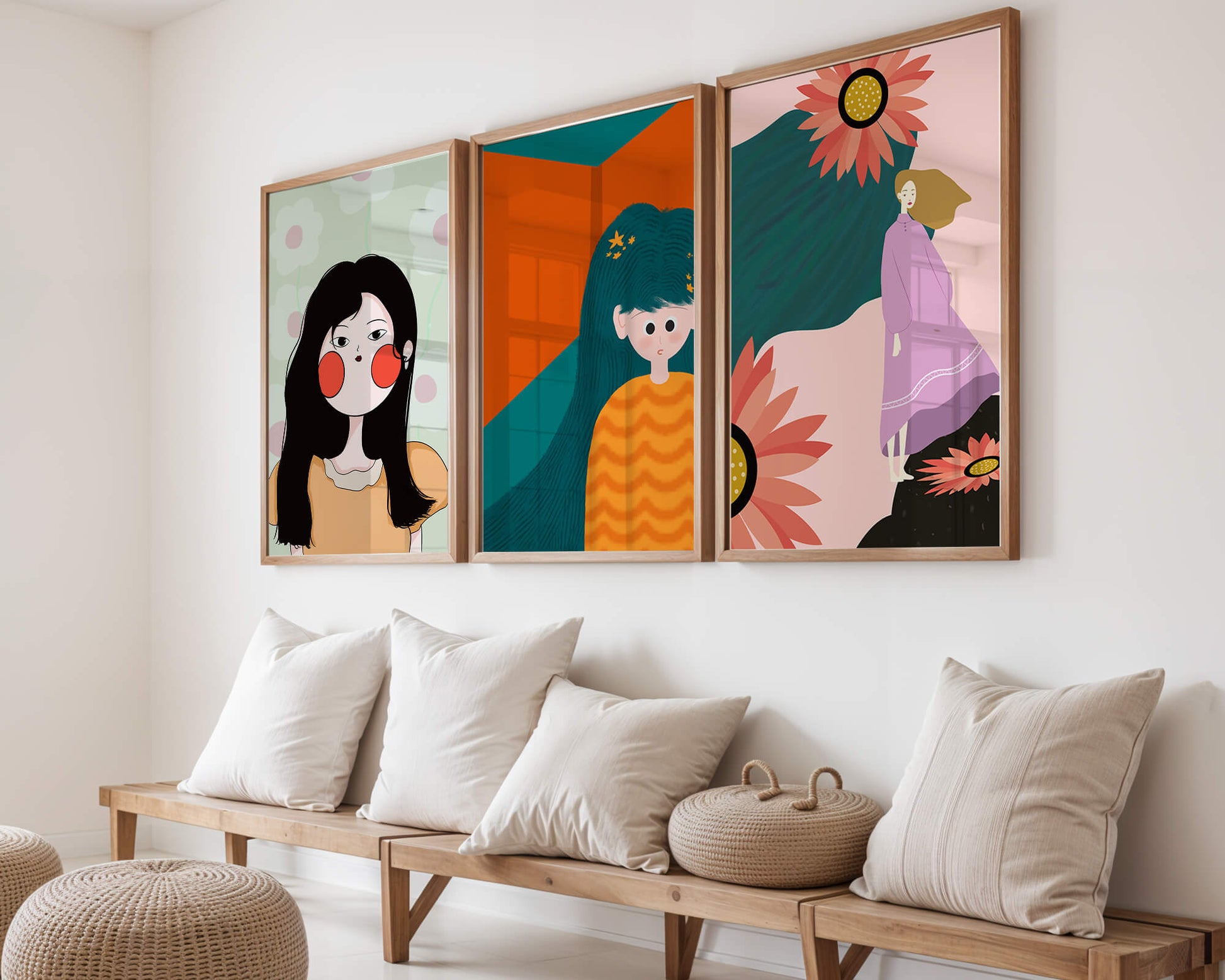 Drei moderne Illustrationen mit weiblichen Porträts und Blumenmotiven