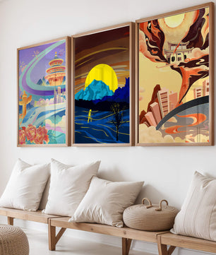 Set aus abstrakter Kunst mit Landschaften und modernem Design