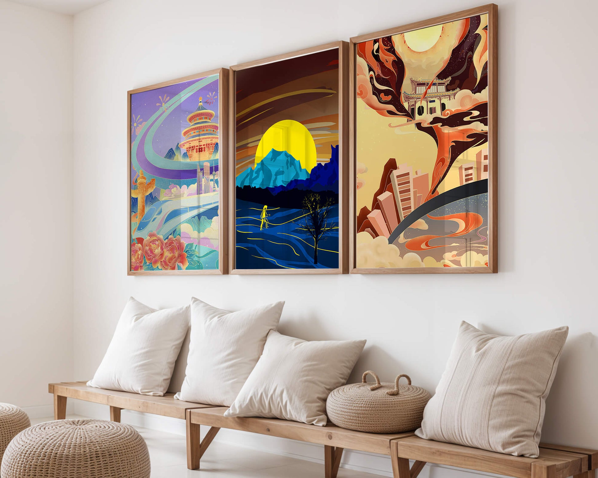 Set aus abstrakter Kunst mit Landschaften und modernem Design
