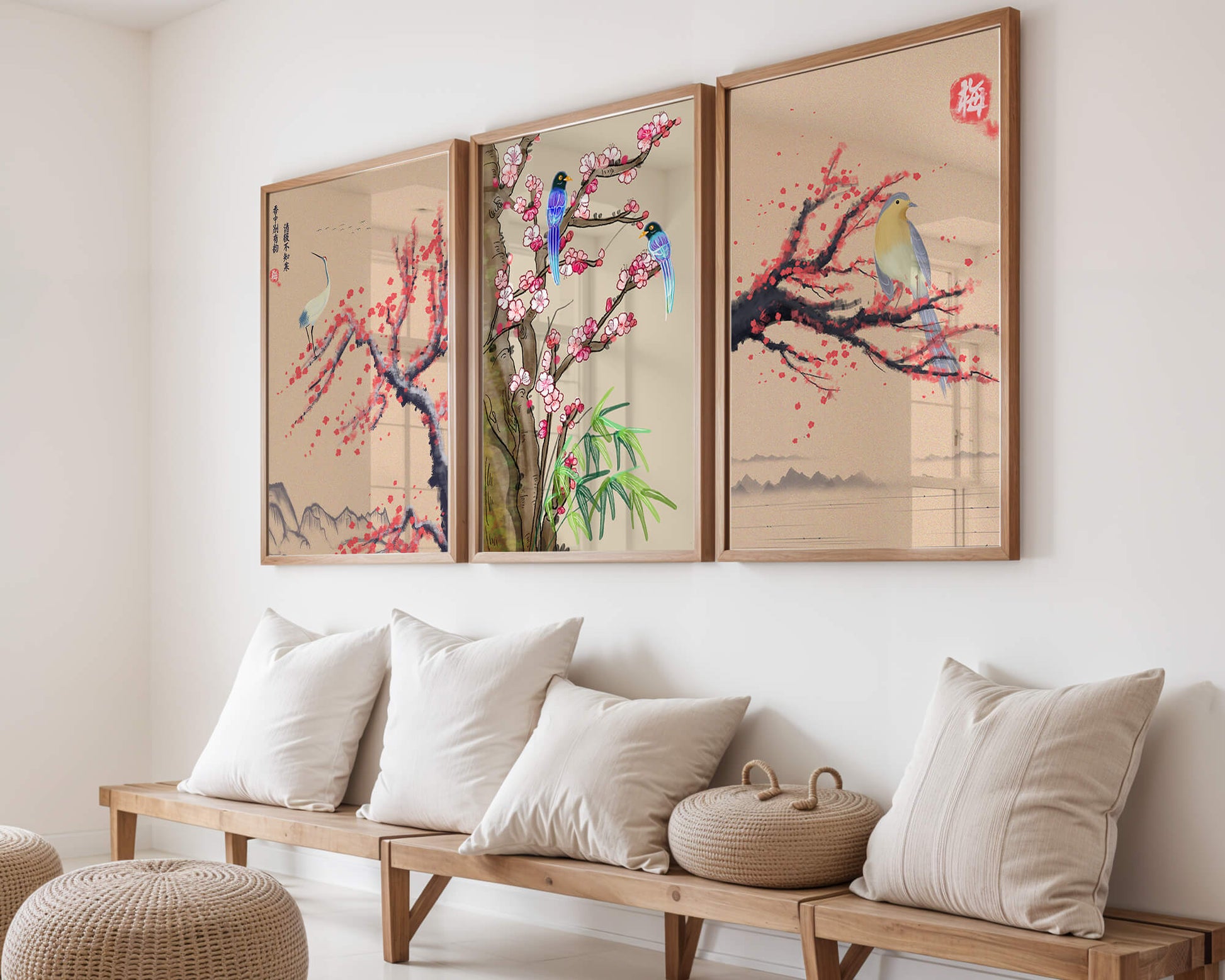 Decoración Oriental con Pájaros y Flores