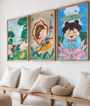 Ensemble d’illustrations de personnages adorables et de motifs floraux dans des tons vibrants