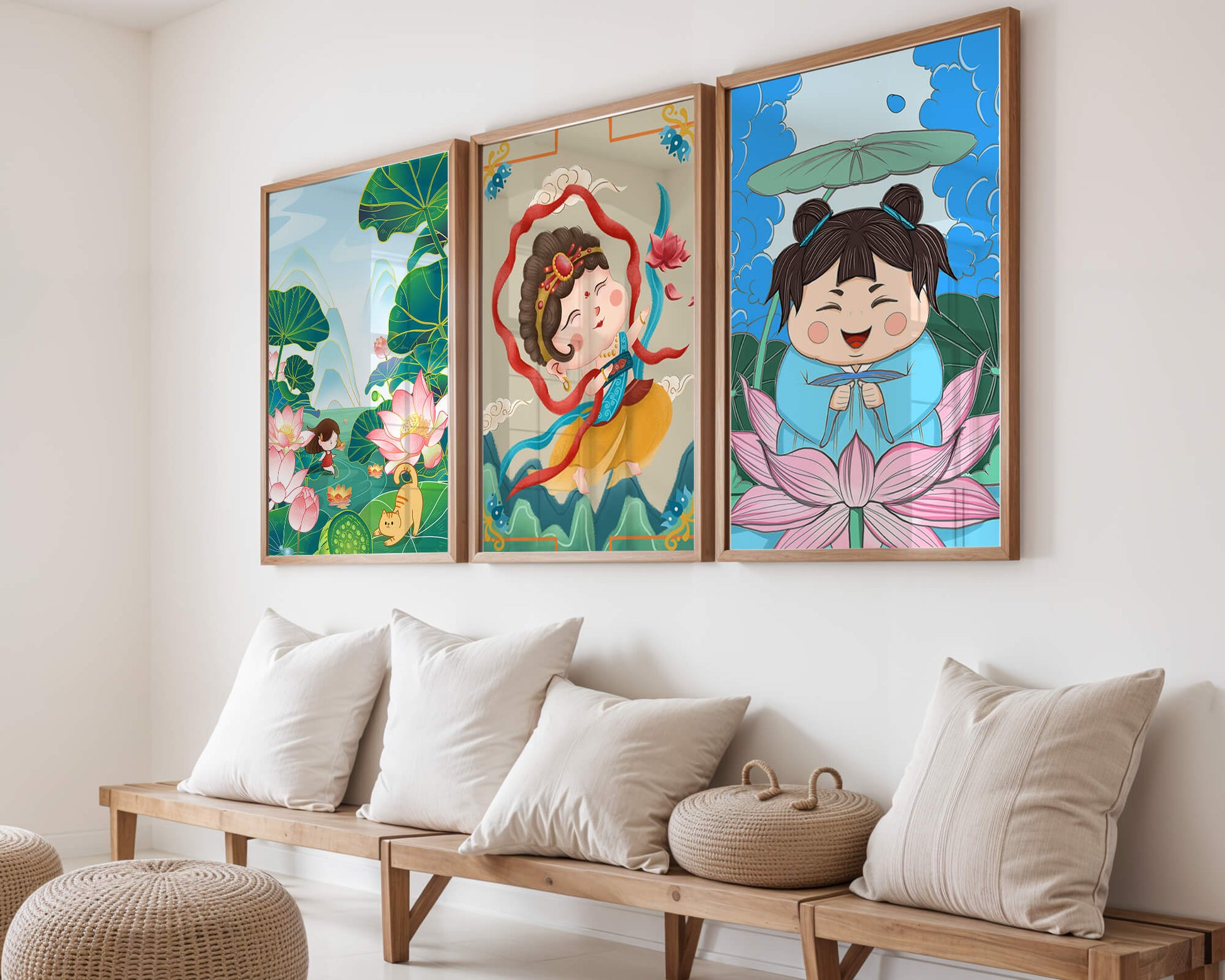 Ensemble d’illustrations de personnages adorables et de motifs floraux dans des tons vibrants