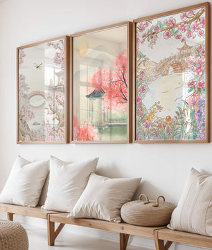 Triptyque oriental de paysages en tons pastels