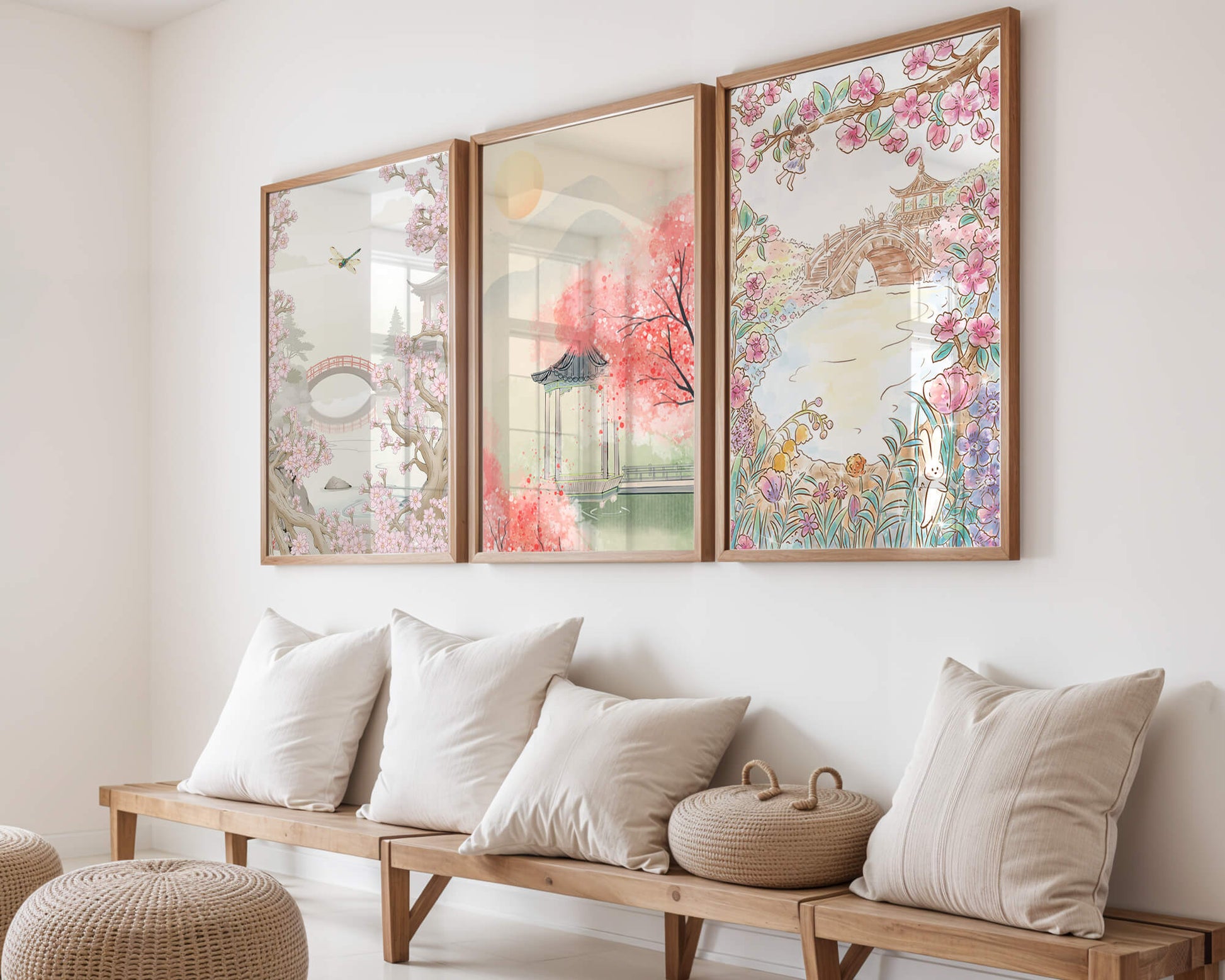 Tríptico Oriental de Paisajes en Tono Pastel