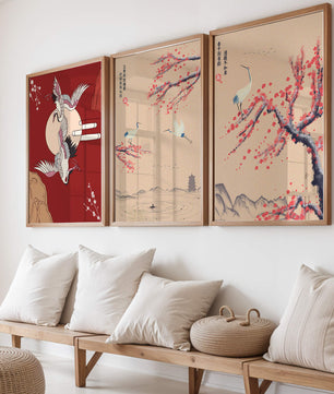 Ensemble de trois toiles avec grues et motifs naturels dans un style asiatique