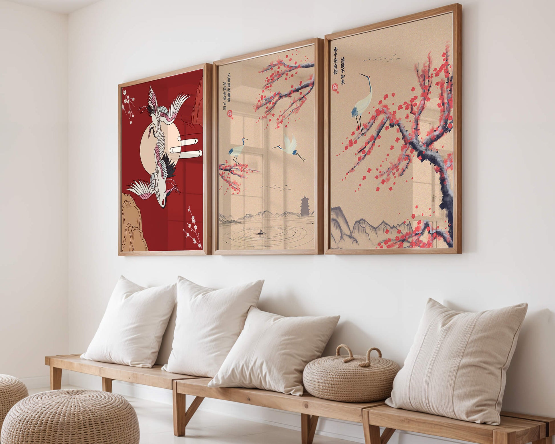 Ensemble de trois toiles avec grues et motifs naturels dans un style asiatique