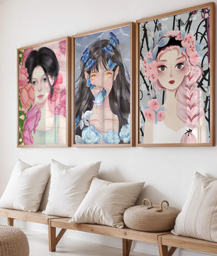 Pinturas De Retratos Femeninos Con Flores Y Mariposas