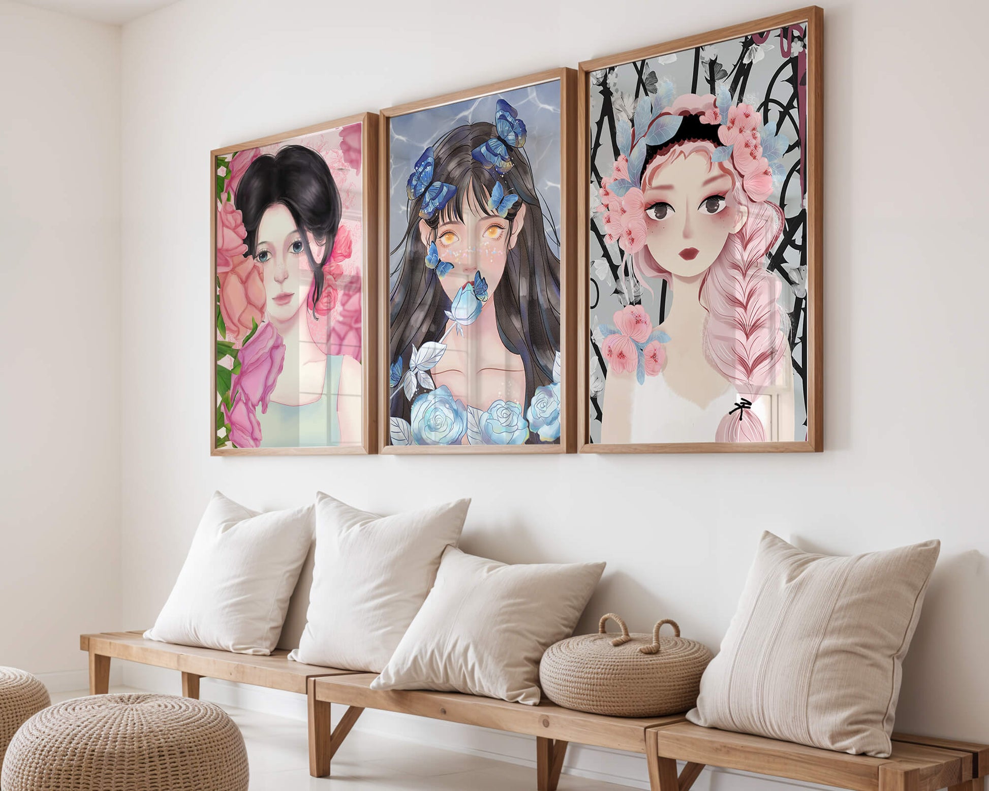 Pinturas De Retratos Femeninos Con Flores Y Mariposas