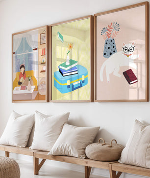 Triptyque moderne avec illustrations d’intérieurs et d’animaux