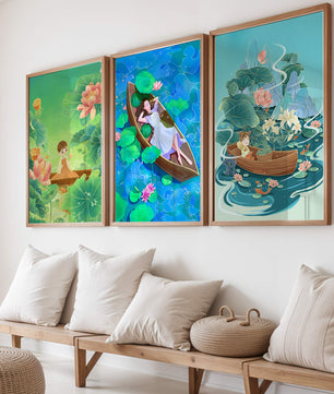Art des enfants dans des bateaux avec des fleurs et de l'eau