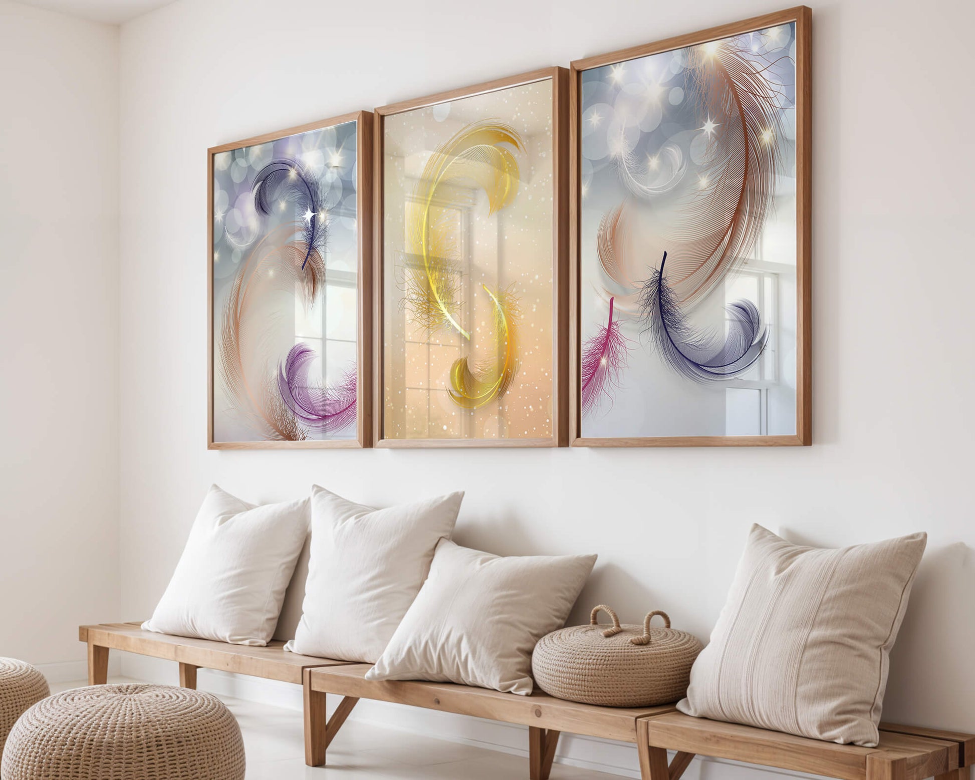 Art abstrait avec des plumes dans des tons pastel