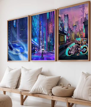 Ensemble d’impressions d’art futuriste avec des villes et des véhicules