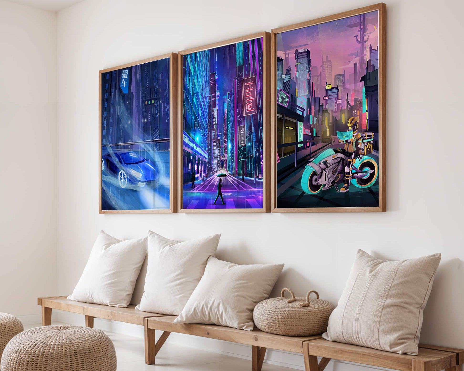 Ensemble d’impressions d’art futuriste avec des villes et des véhicules