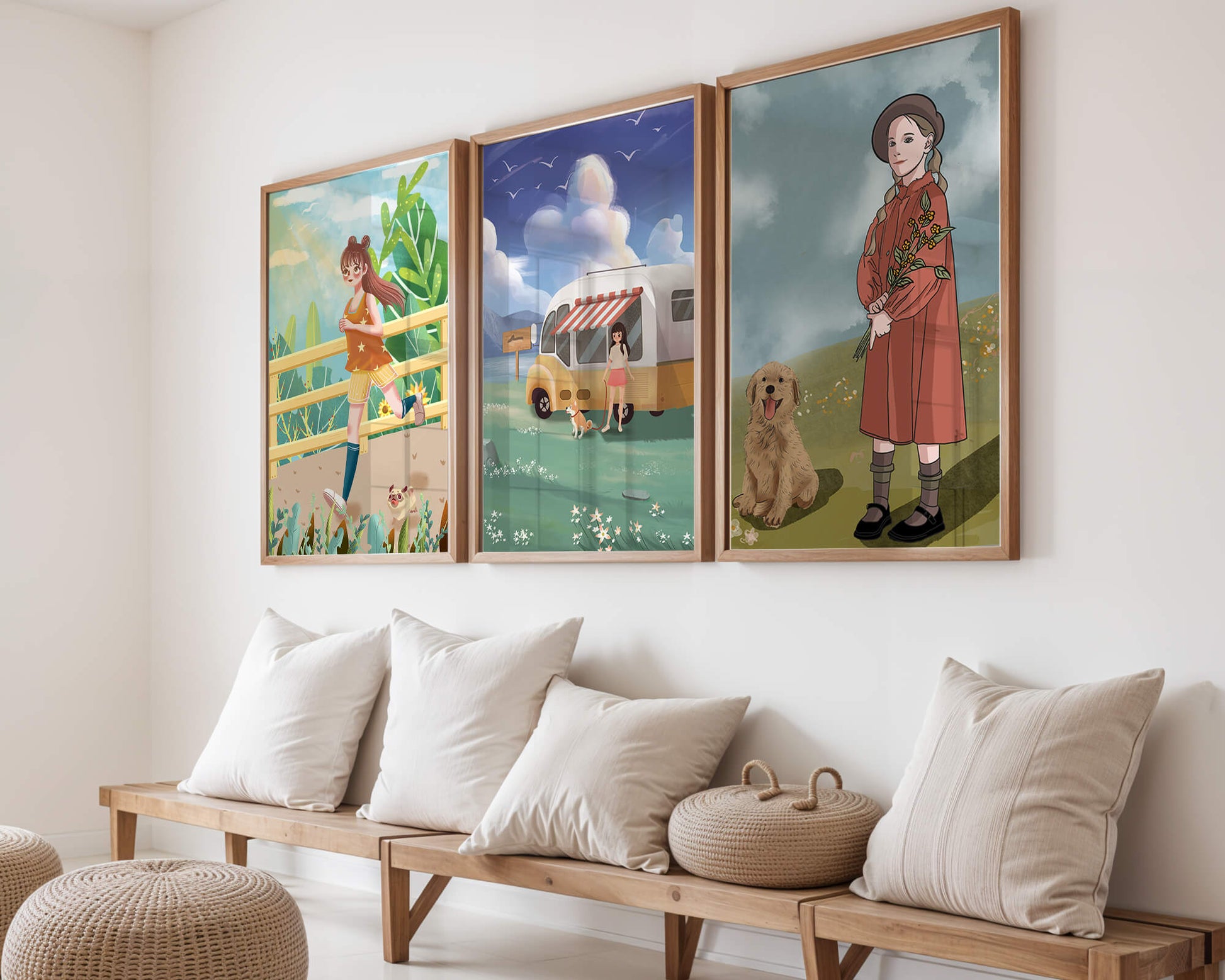 Conjunto de cuadros ilustrativos sin marco en ambiente moderno