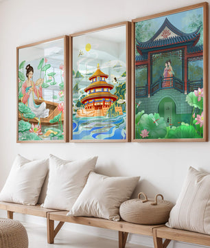 Triptyque d'illustrations orientales dans des intérieurs modernes