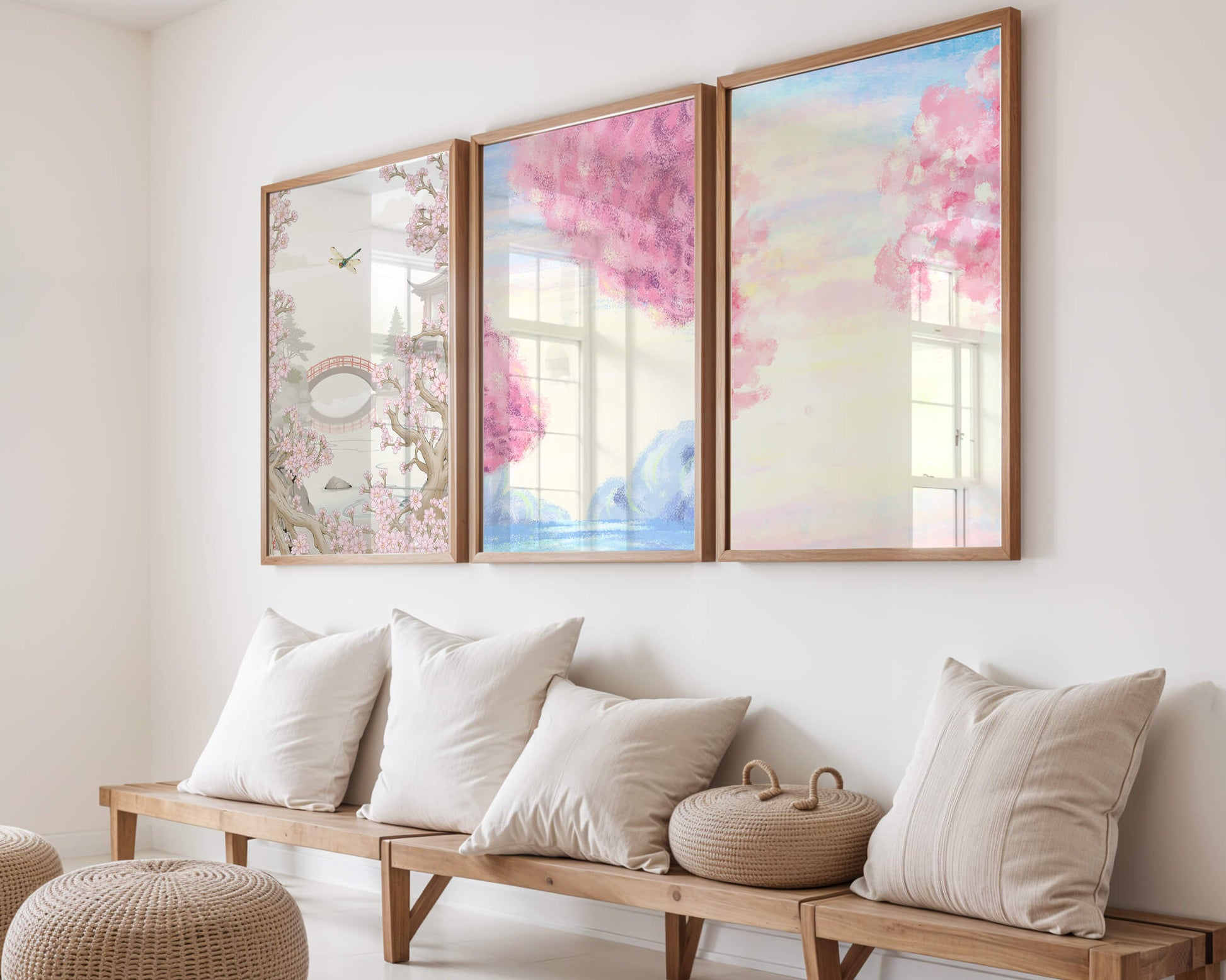 Imágenes Decorativas de Paisajes Florales y Puente de Madera en Primavera