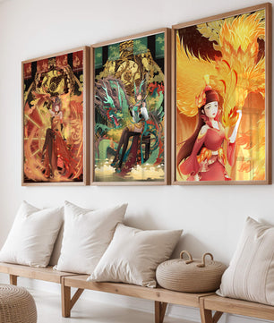 Triptyque d’art fantastique avec des figures mythiques dans des cadres dorés