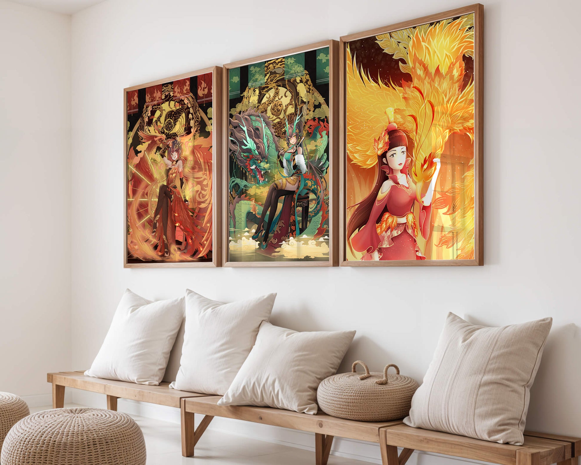 Tríptico De Arte Fantástico Con Figuras Míticas En Marcos Dorados