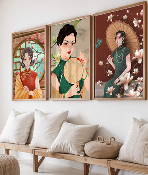 Cuadros Decorativos con Mujeres y Motivos Florales Asiáticos