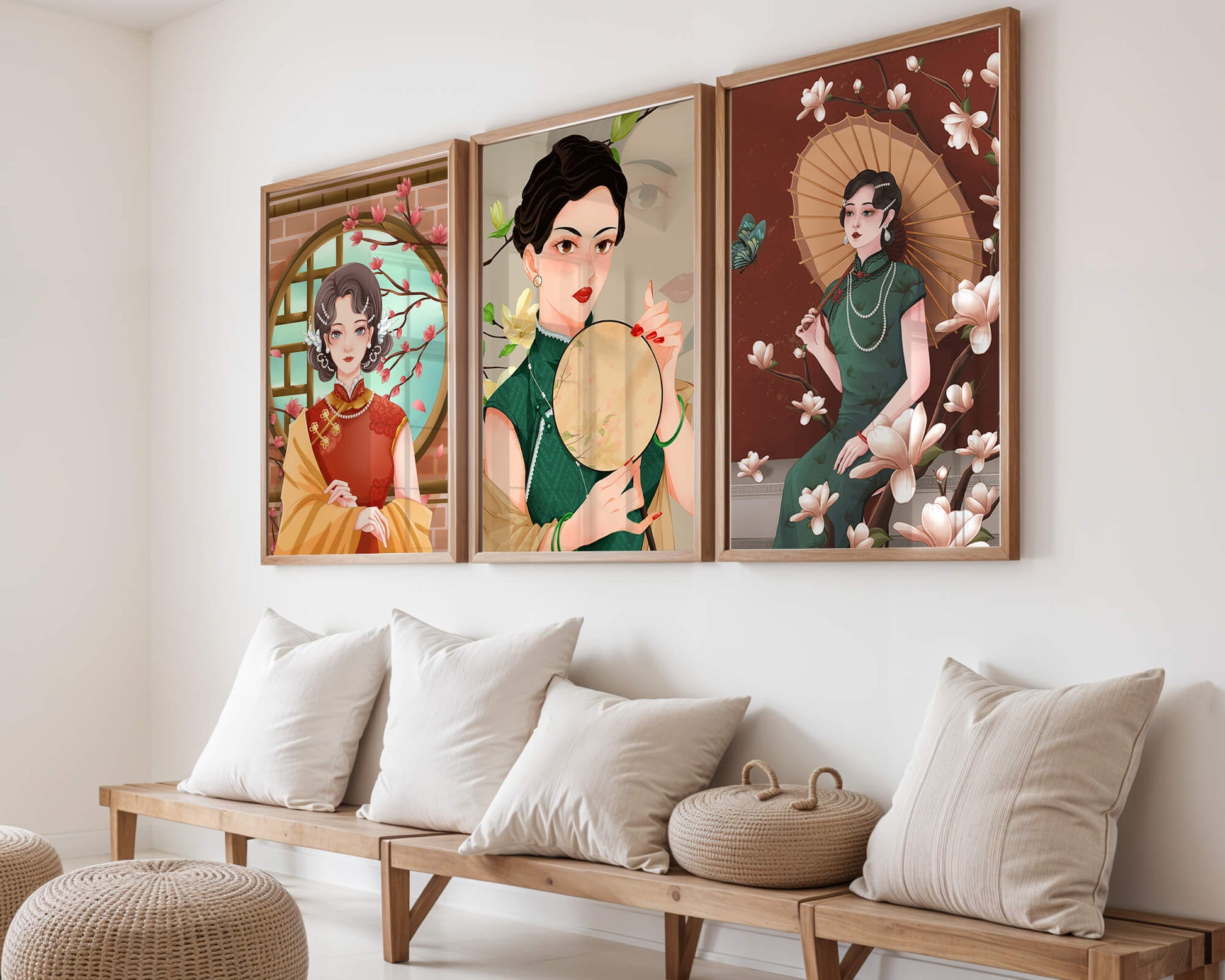 Cuadros Decorativos con Mujeres y Motivos Florales Asiáticos