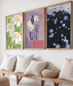 Tríptico De Arte Floral Con Margaritas En Colores Pastel