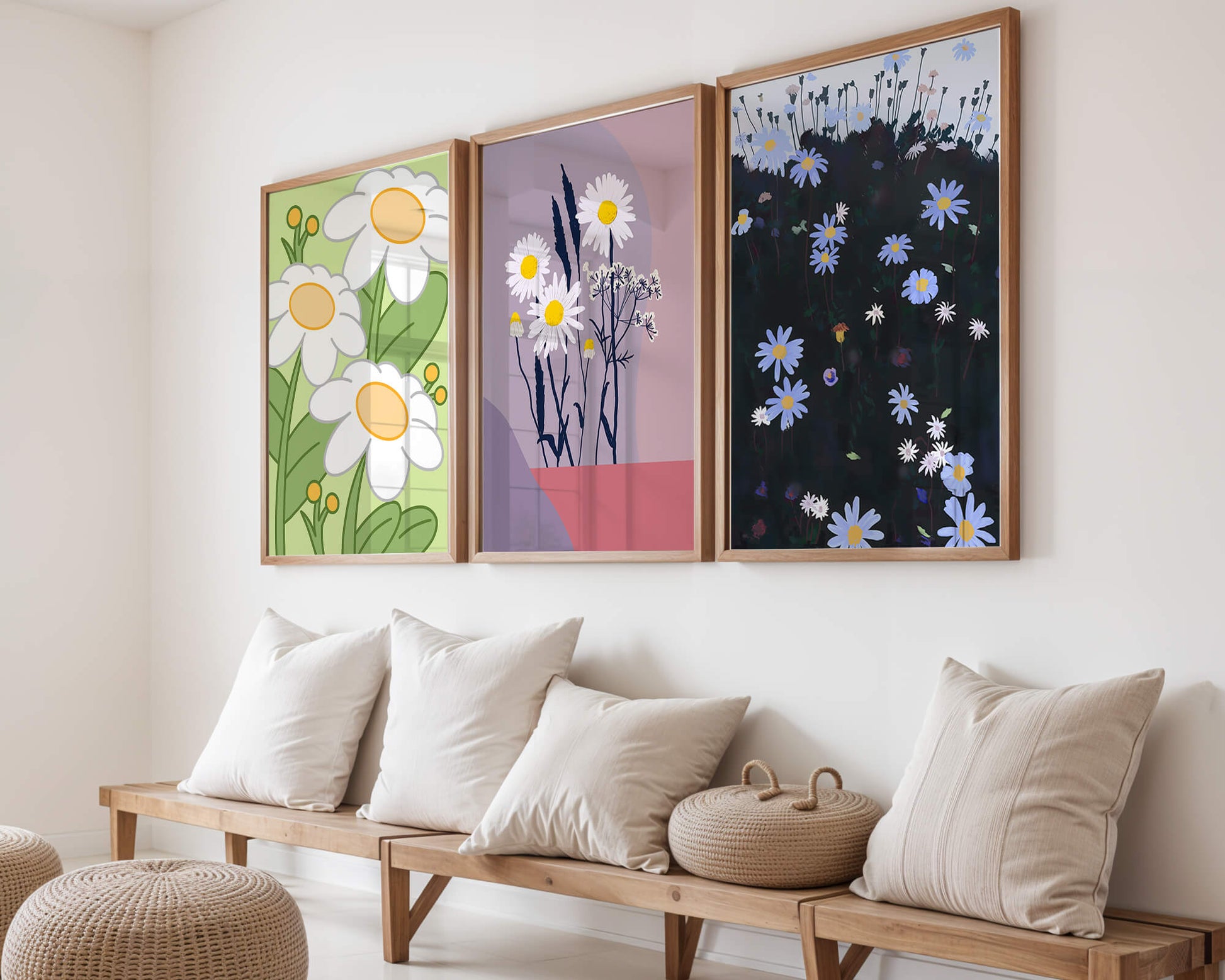 Triptyque d'art floral avec des marguerites en couleurs pastel