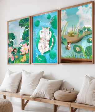 Ensemble d'illustrations artistiques pour enfants avec des chats et la nature