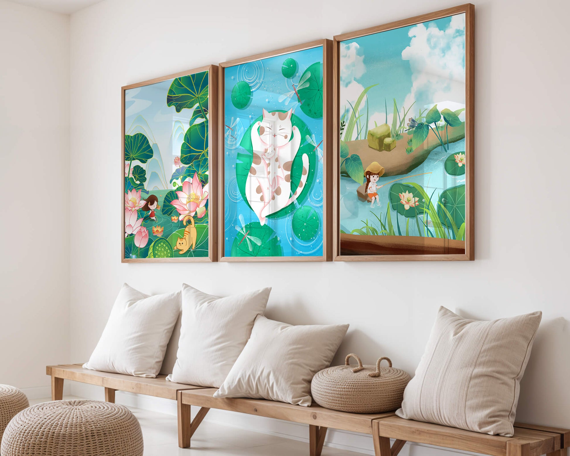 Ensemble d'illustrations artistiques pour enfants avec des chats et la nature