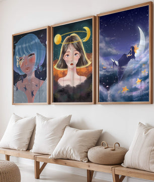 Tríptico De Retratos Ilustrados Con Elementos Astrales