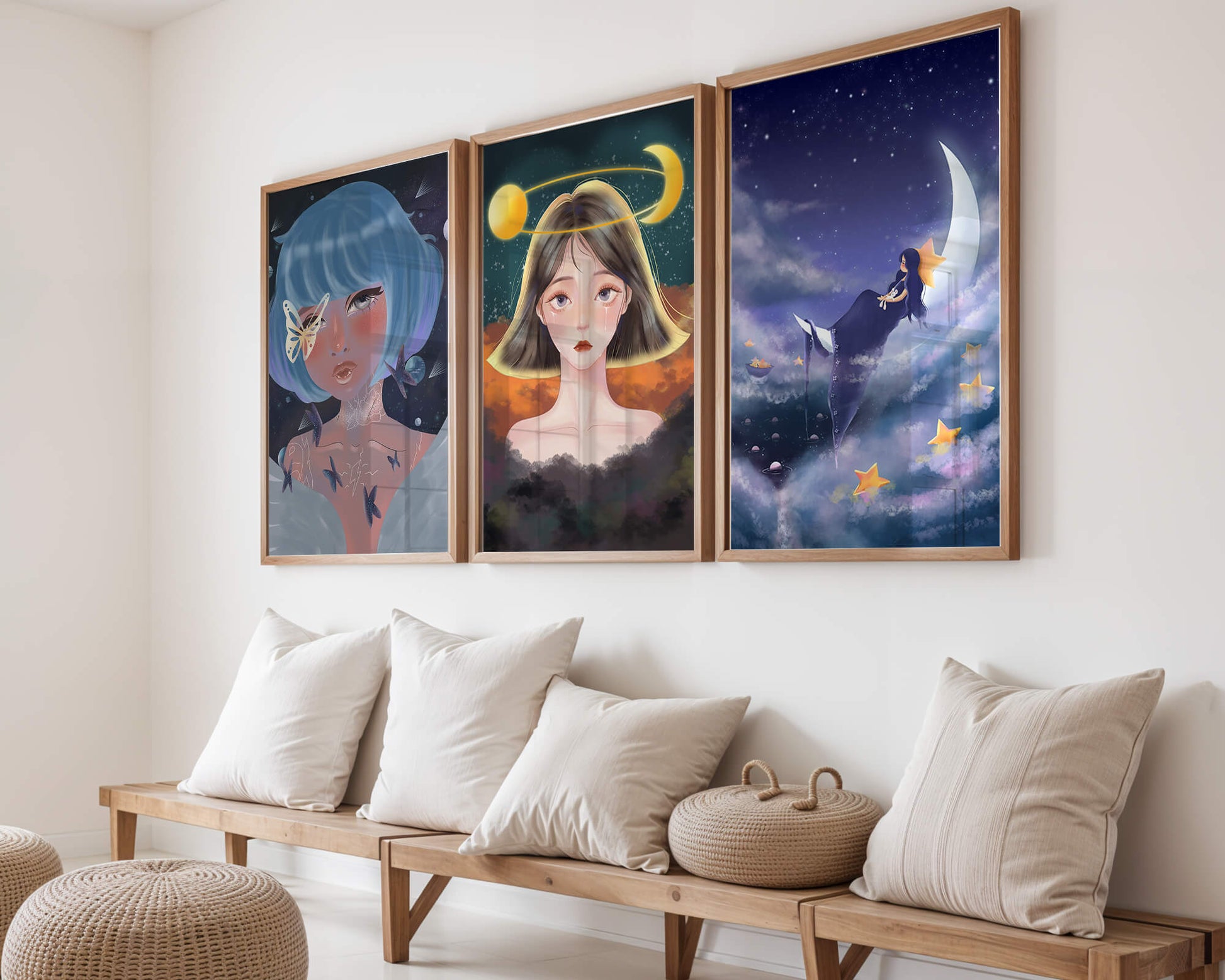 Tríptico De Retratos Ilustrados Con Elementos Astrales